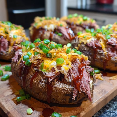 Twice baked potatoes with brisket and cheese.