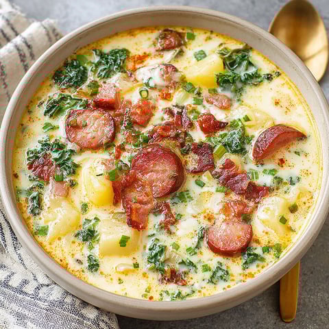 A bowl of soup with sausage and potatoes.