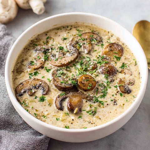 A bowl of cream of mushroom soup.