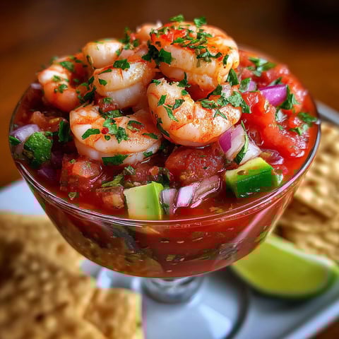 A bowl of shrimp cocktail with a zesty style.