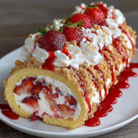A dessert roll with strawberries and whipped cream.