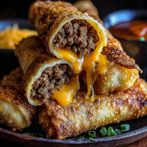 A plate of cheeseburger egg rolls.