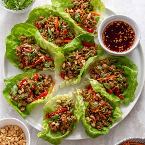 A plate of chicken lettuce wraps with sauce.