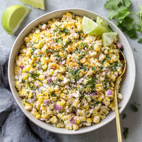 A bowl of Mexican street corn salad.
