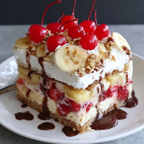 A slice of a layered banana split cake with chocolate and banana toppings.