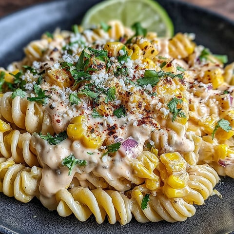 A plate of Mexican street corn pasta salad.