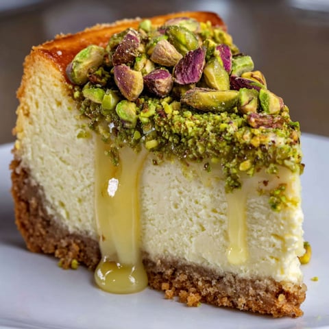 A slice of pistachio cheesecake with toppings.