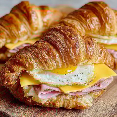 A croissant sandwich with egg and ham.