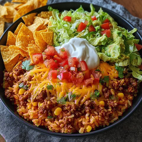 A bowl of rice with meat, tomatoes, lettuce, and cheese.