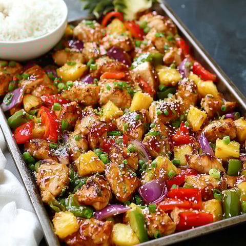 A pan of chicken with pineapple and peppers.
