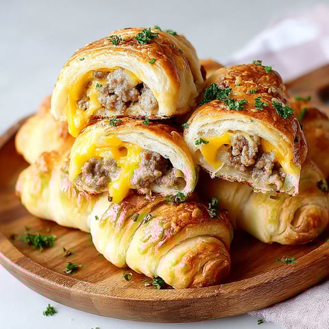 Sausage cheddar crescent rolls on a wooden platter.