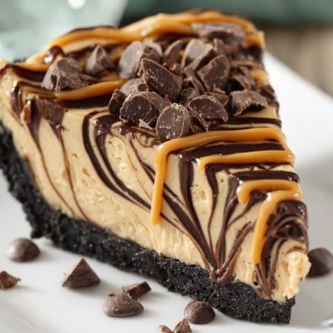 A slice of chocolate peanut butter swirl pie.