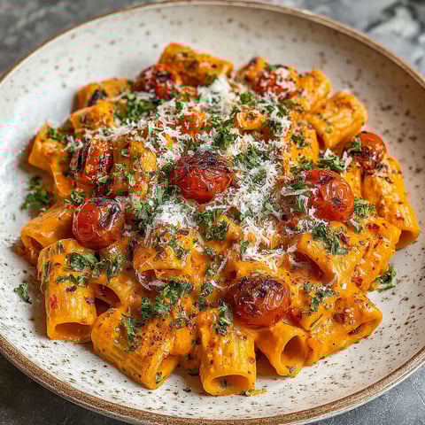 A plate of pasta with tomatoes and cheese.