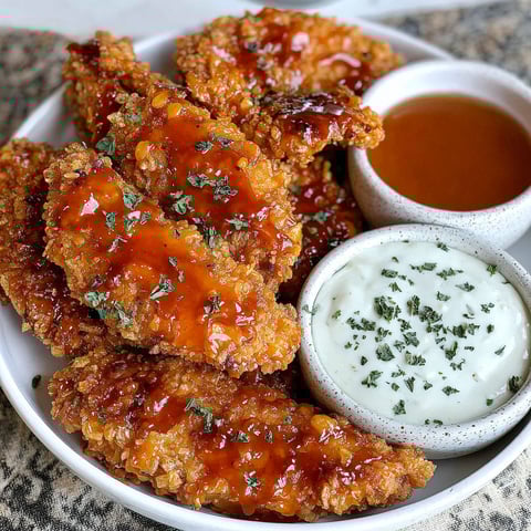 A plate of air-fried honey buffalo chicken tenders.