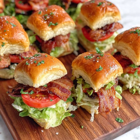 A wooden tray with candied bacon BLT sliders.