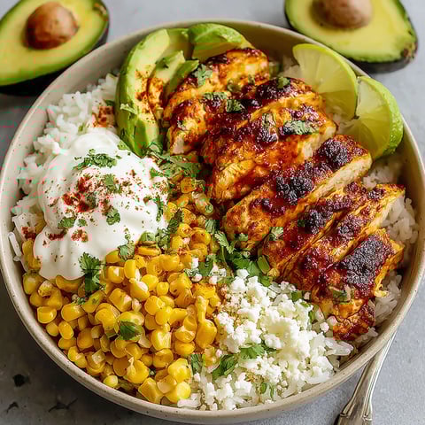 A bowl of food with rice, chicken, corn, and avocado.