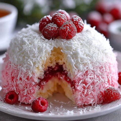 A slice of a snowball cake with raspberries on top.