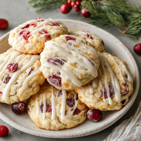 A plate of cookies with white icing and orange and red berries.