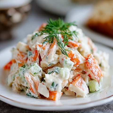 A white plate with a delicious crab salad.