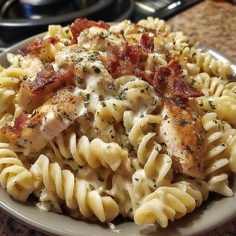 A bowl of chicken bacon ranch pasta.