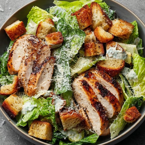 A plate of chicken Caesar salad.