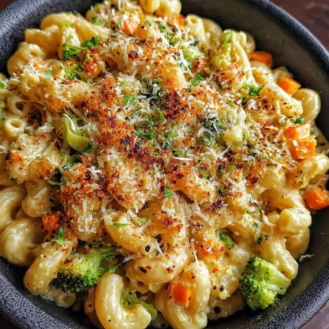 A bowl of mac and cheese with vegetables.