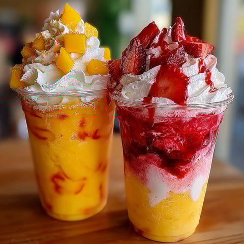 Two Mango Strawberry Sunrise Frappuccinos.