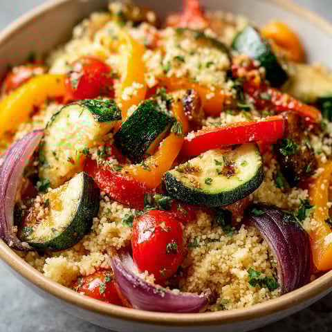 A bowl of roasted vegetables with couscous.