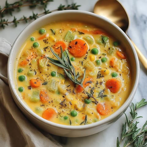 A bowl of creamy vegetable soup with carrots and peas.
