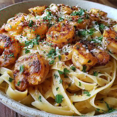 A bowl of pasta with shrimp and cheese.