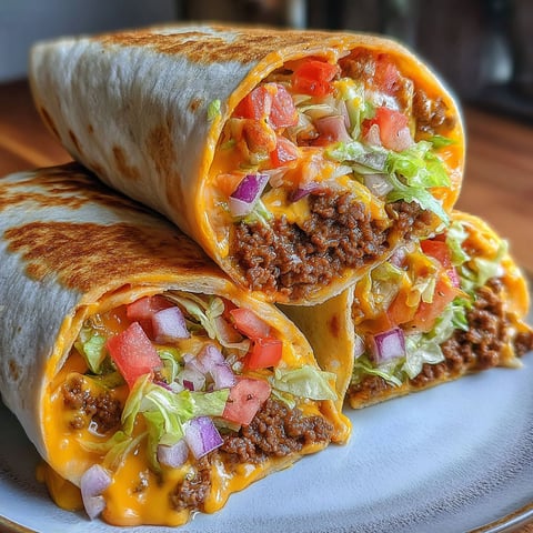 A beefy nacho cheese wrap is stacked on a plate.