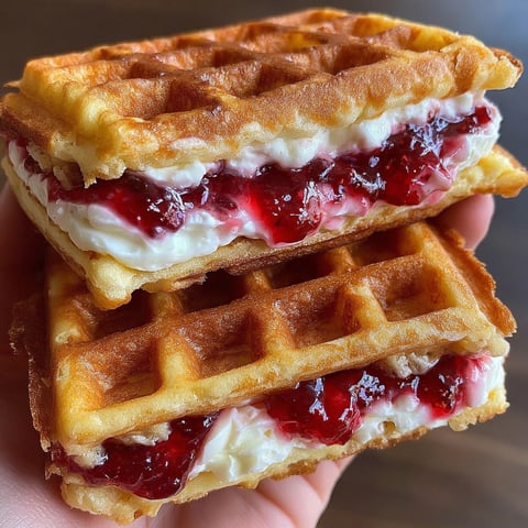 A person is holding a waffle sandwich with jelly.