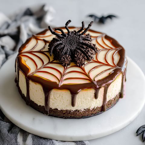 A slice of spiderweb cheesecake with chocolate drizzle.