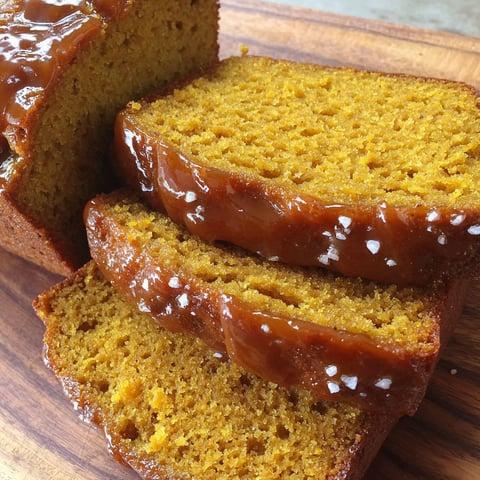 A loaf of pumpkin bread with caramel glaze.