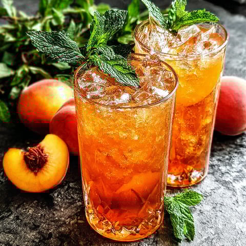 Two glasses of peach iced tea on a table.