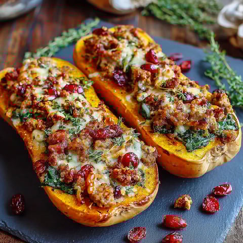 Two stuffed butternut squash with meat and cheese.
