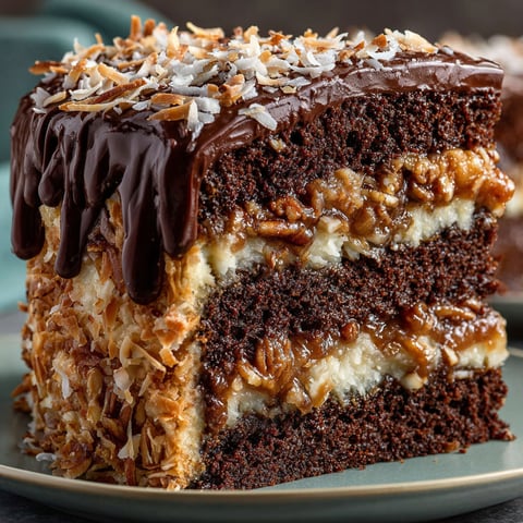 A slice of German Chocolate Cake with coconut and pecans.