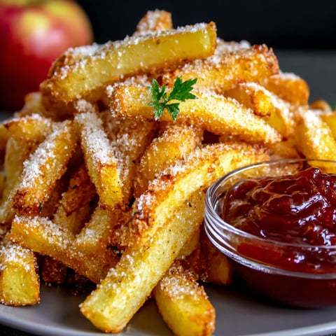 A plate of crispy air fryer apple fries.