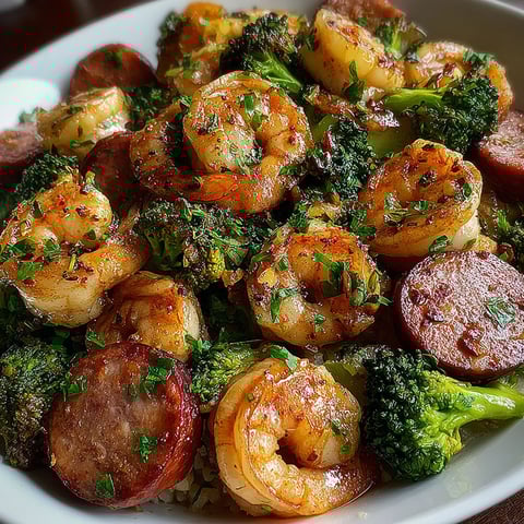 A plate of food with shrimp, sausage, and broccoli.