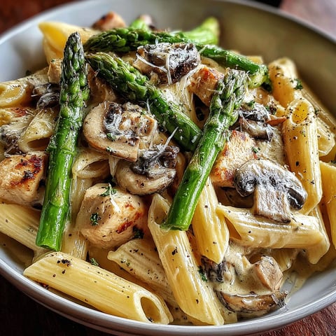 A bowl of creamy mushroom asparagus chicken penne.