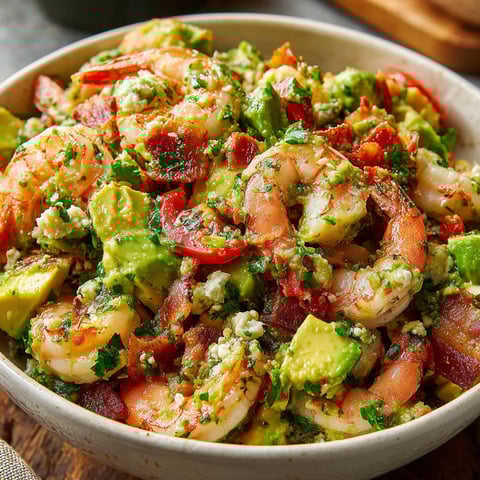A bowl of shrimp salad with avocado and bacon.