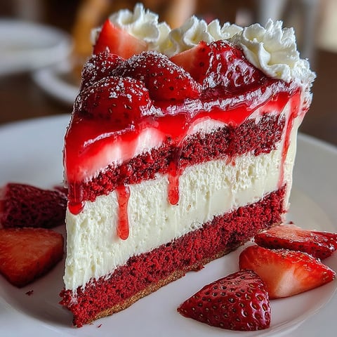 A slice of red velvet strawberry cheesecake.