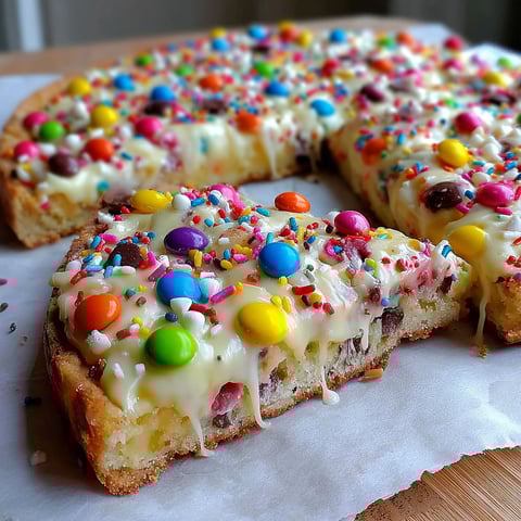 A slice of a white chocolate brownie pizza.