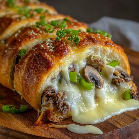 A Philly Cheesesteak Stromboli on a wooden cutting board.