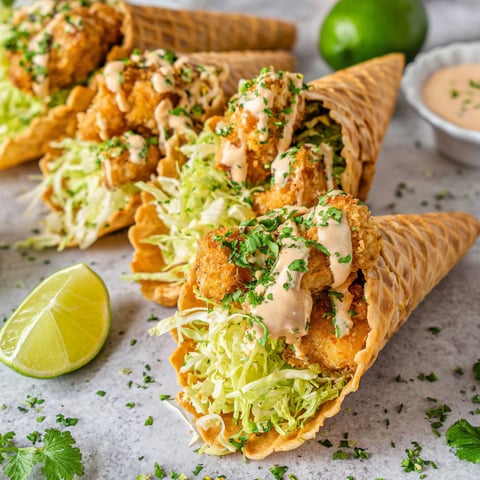 Spicy chicken waffle cones with creamy sriracha sauce.