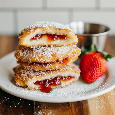 A plate of fried uncrustables with jelly.