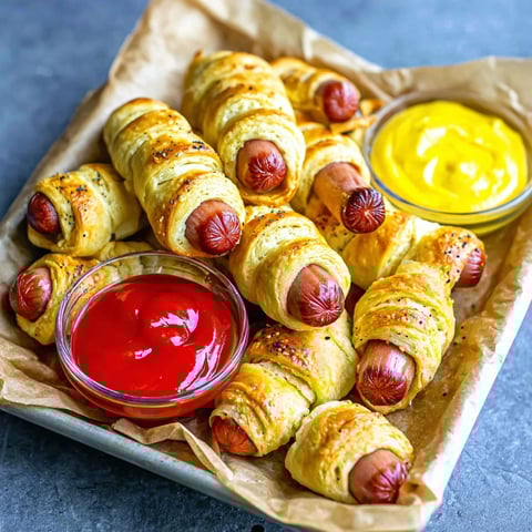 A plate of pigs in a blanket with a bowl of ketchup.