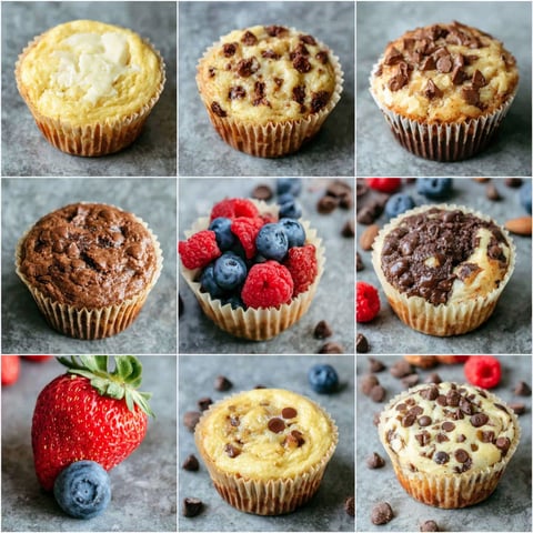 Six different flavors of muffins are displayed.