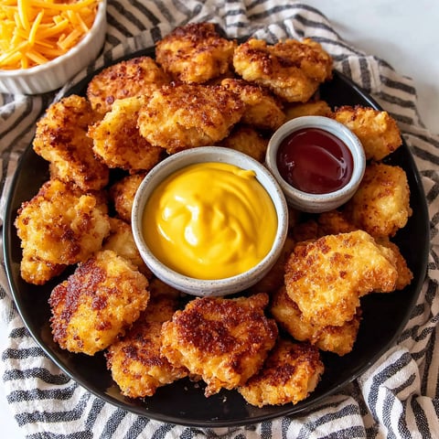 A plate of chicken nuggets with a side of dipping sauce.