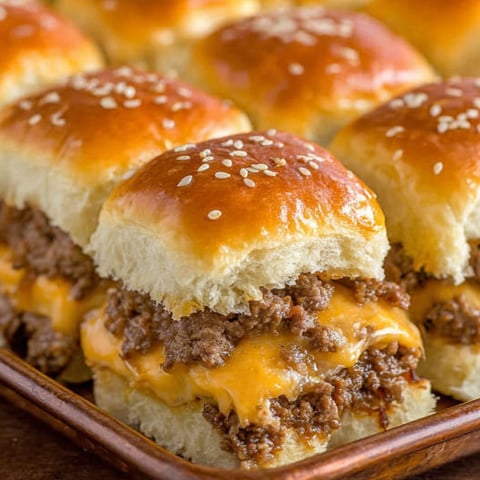 A tray of cheeseburger sliders with sesame seeds on top.